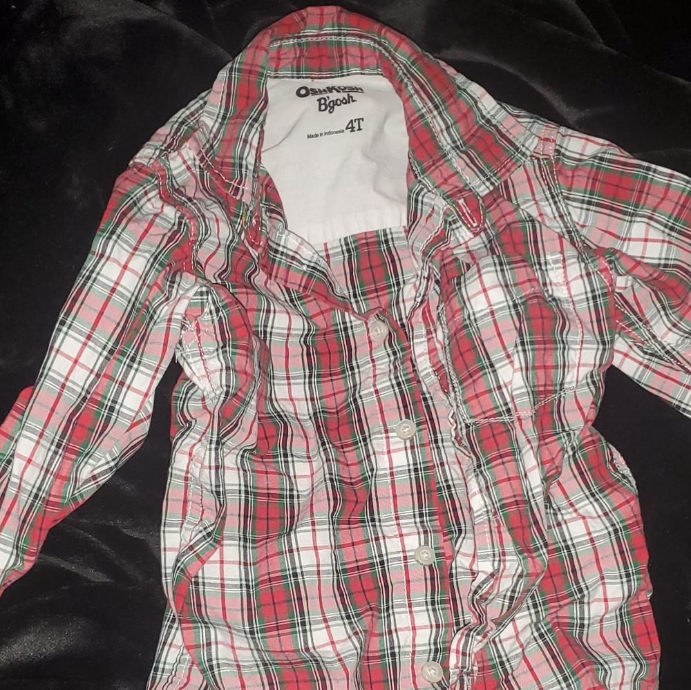 OshKosh B'gosh Boys Red & Green Plaid button up long sleeve shirt, size 4T